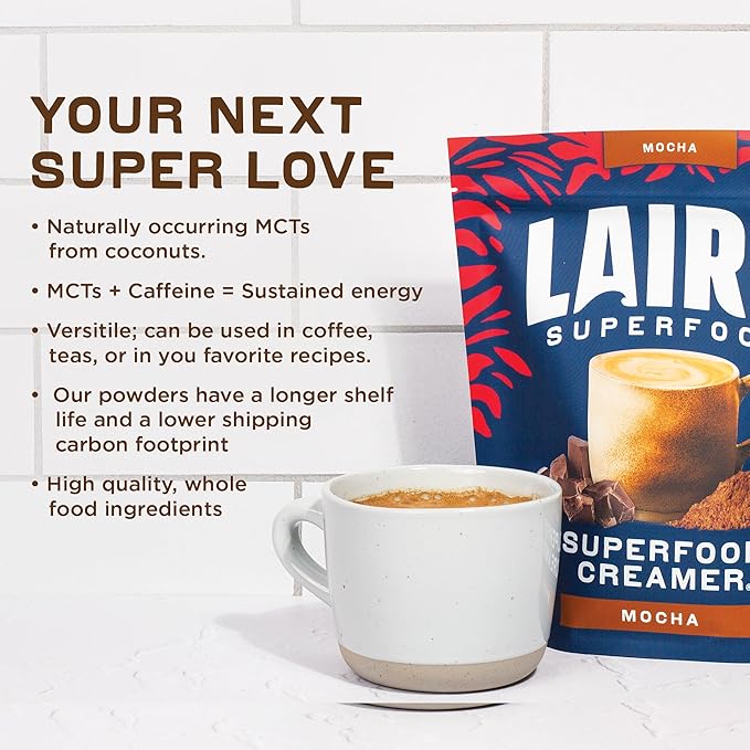 Laird Superfood Non-Dairy Coffee Creamer Mocha, Shelf-Stable Superfood Non-Dairy Powder Creamer, Gluten Free, Non-GMO, Vegan, 8 oz. Bag, Pack of 1