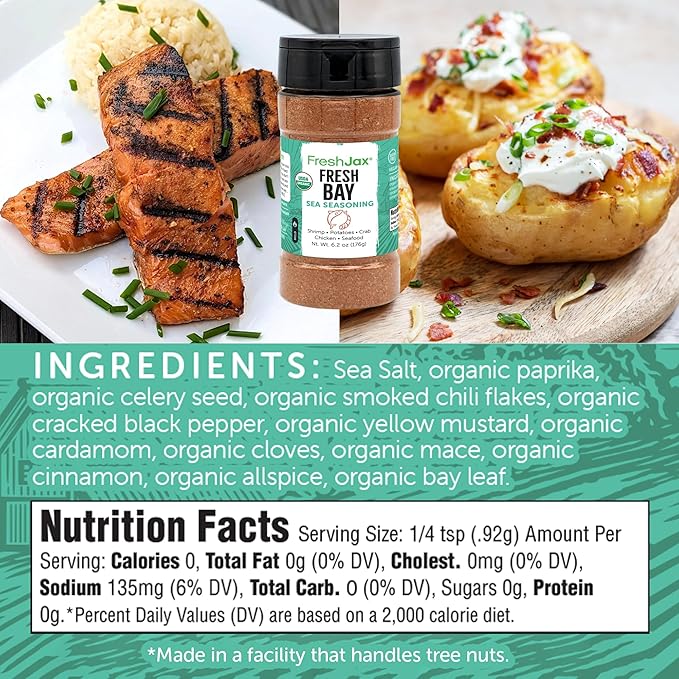FreshJax Organic Fresh Bay Seafood Seasoning Blend (5.3 oz Bottle) Non GMO, Gluten Free, Keto, Paleo, No Preservatives Fresh Bay Seasoning