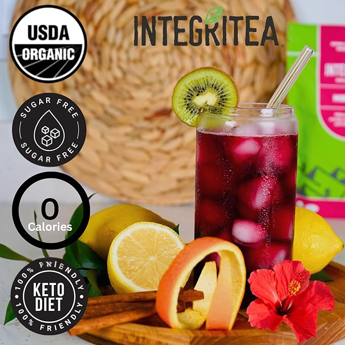 IntegriTEA Organic Hibiscus Tea Bags for Hibiscus Iced Tea - 6-Bag Unsweetened Iced Tea Pack for 6 Gallons of Tea - Hot or Cold Brew Iced Tea Bags