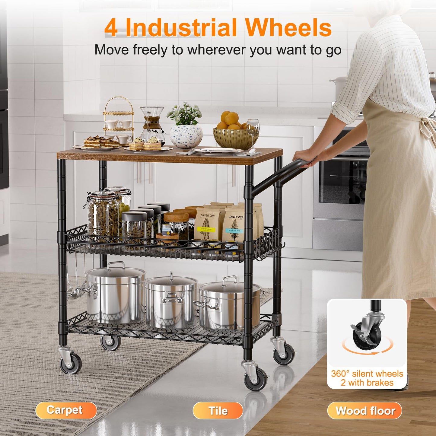 NTE Rolling Kitchen Carts on Wheels, 650Lbs Capacity 3 Tier Utility Cart with Wood Tabletop