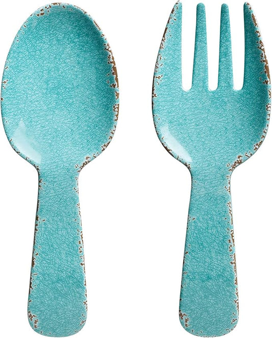 UPware Crackle Melamine Salad Servers, Serving Utensil Set, Includes Serving Fork and Spoon for Tossing Salad, Pasta, Turquoise, 10.75 Inch, Set of 2