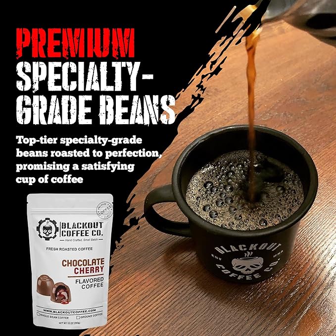 Blackout Coffee Chocolate Cherry Flavored Ground Coffee ??Medium Roast, Smooth Taste, Guilt-Free Indulgence ??Freshly Roasted 12oz Pouch, American Made