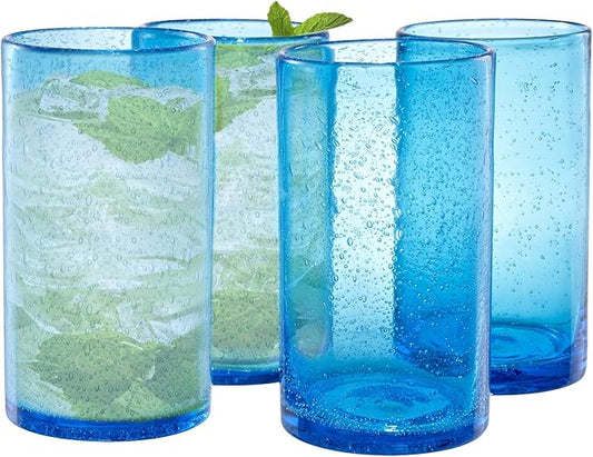 Artland 17oz Highball Tumbler, Set of 4 | Iris Seeded Design, Turquoise | Drinking Glass for Parties and Everyday Use - Mojito, Whiskey, Cocktail | Glassware & Kitchenware Essentials