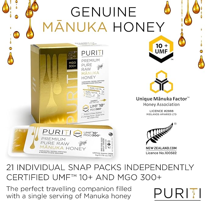 PURITI Genuine Raw Manuka Honey Snaps On The Go - UMF 10+ (MGO300+) 21 x 0.18oz Individual Snap Packets, Single Serve Honey Sticks for Tea, Travel & Snacks, Certified, Made in New Zealand