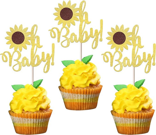 YCTHUNFISH 24 Pack Gold Glitter Sunflower Baby Shower Cupcake Toppers
