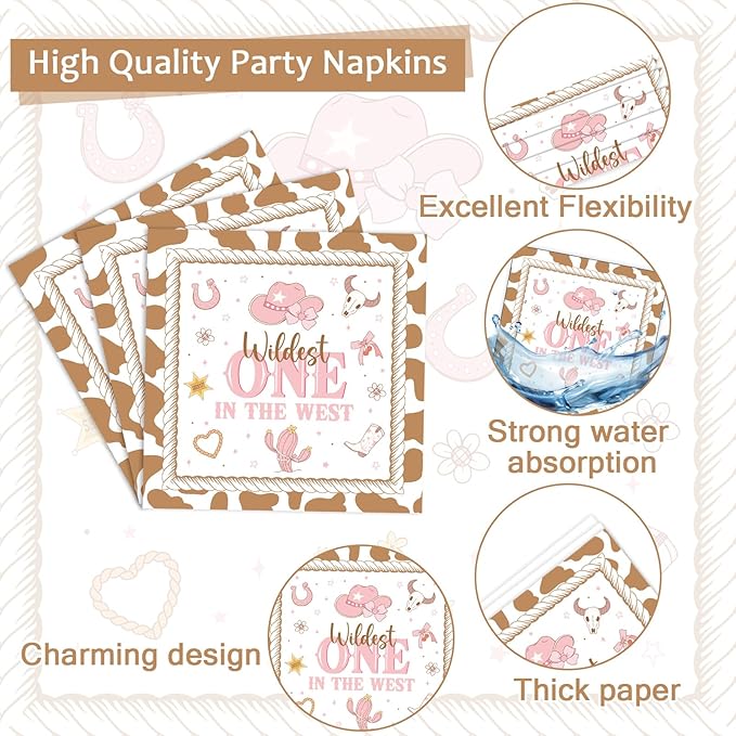 96Pcs My First Rodeo Birthday Plates and Napkins Western Cowgirl 1st Birthday Party Decorations Wild West One Dessert Disposable Paper Plates Pink Tableware Set for 24 Guests Kids Girls Party Supplies