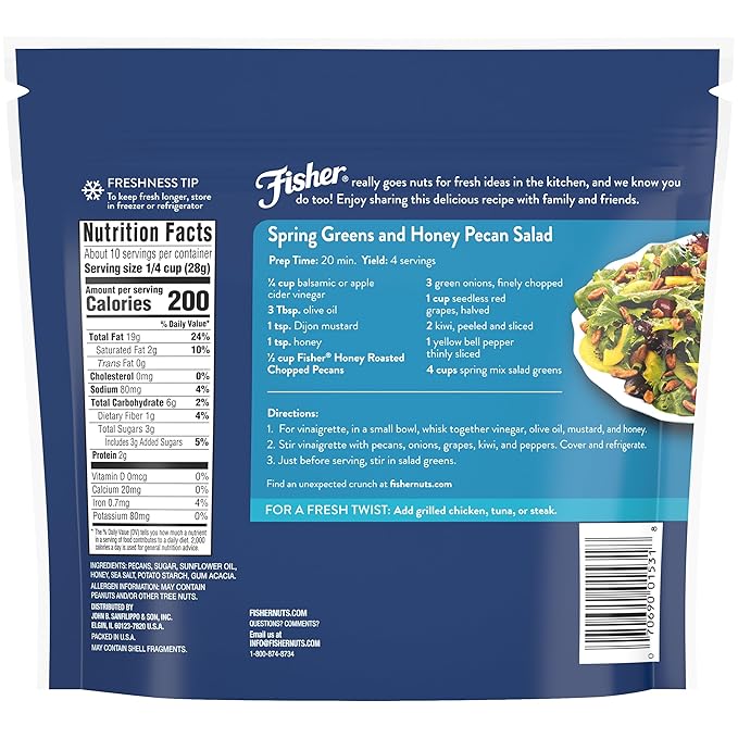 Fisher Chef's Naturals Honey Roasted Chopped Pecans 10oz Resealable Bag, Unsalted Raw Nuts for Cooking, Baking & Snacking, Vegan Protein, Keto Snack, Gluten Free
