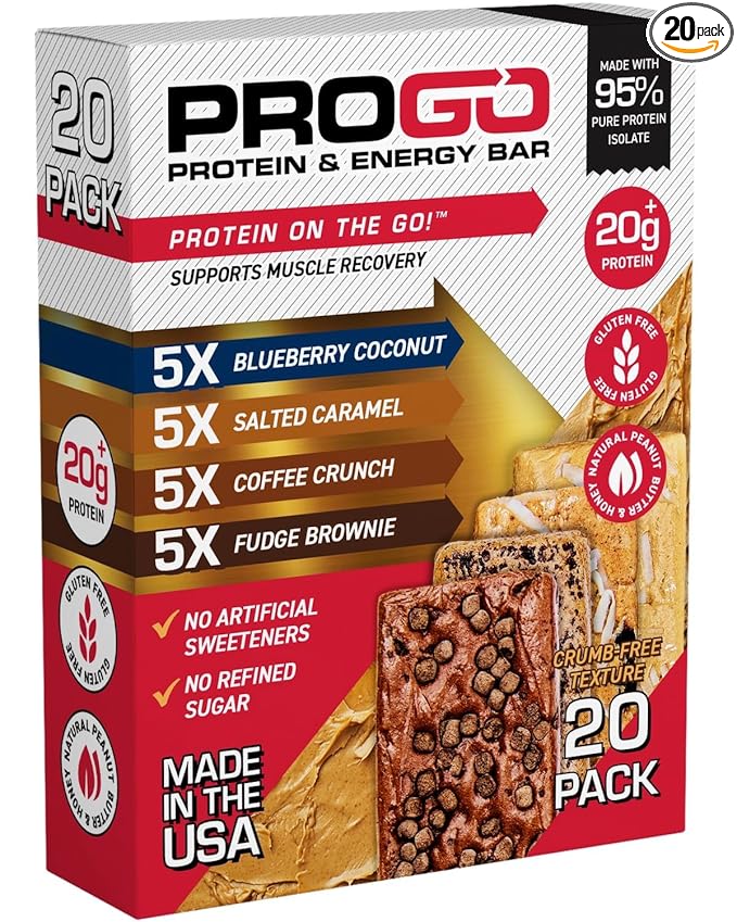 ProGo Protein Bars, Low Sugar, High Protein Snacks (Up to 22g) - 95% Pure Isolate for Faster Muscle Growth & Recovery, Low Calorie, Sweetened w/Peanut Butter & Honey (20-Count, Variety Pack)