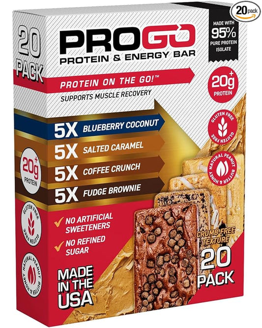ProGo Protein Bars, Low Sugar, High Protein Snacks (Up to 22g) - 95% Pure Isolate for Faster Muscle Growth & Recovery, Low Calorie, Sweetened w/Peanut Butter & Honey (20-Count, Variety Pack)