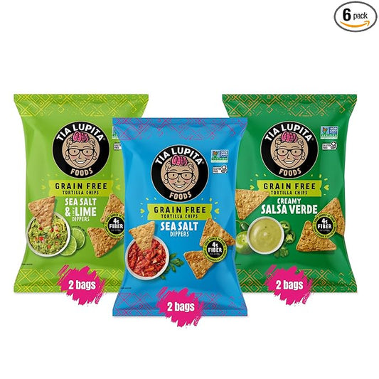 Tia Lupita Cactus Tortilla Chips Variety (Pack of 6) - Vegan, Gluten-Free, Grain-Free, Dairy-Free, Non-GMO, High Fiber, Authentic Mexican Snack Food