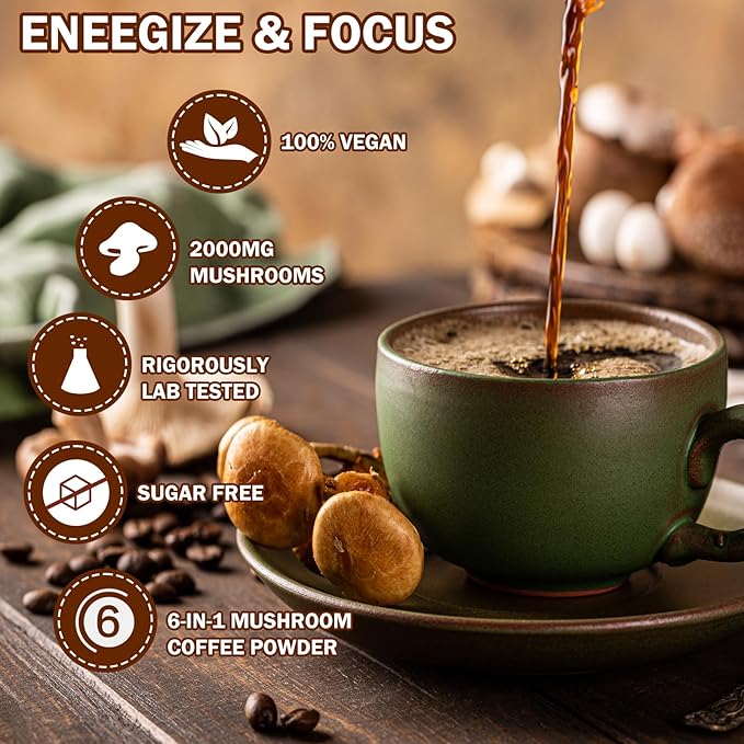Hotvox Mushroom Coffee - Organic Instant Coffee Powder with Mushroom - 6.56 oz 30 Servings