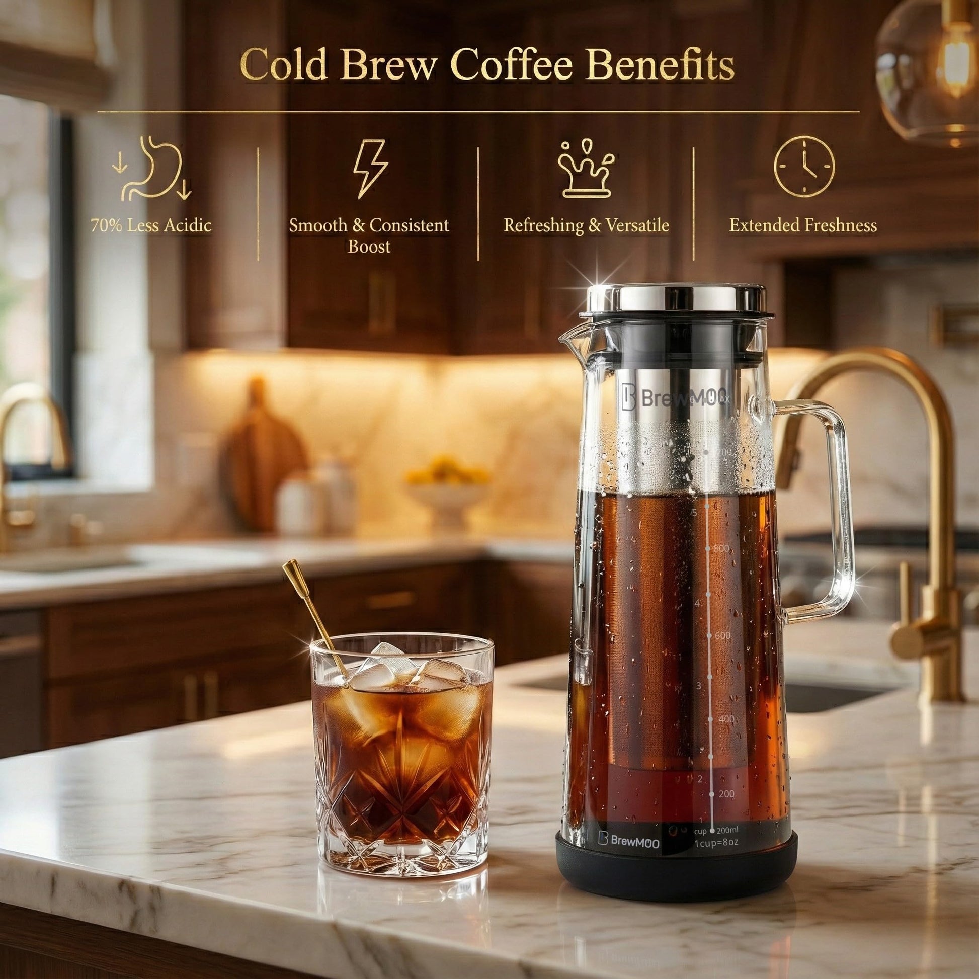 BrewMOO- Airtight Cold Brew Coffee Maker Pitcher, 1.4L/48Oz Thick Glass Carafe with Filter, Comfort