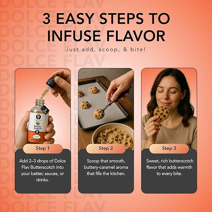 Dolce Flav Natural Butterscotch Extract 2 oz ??Kosher, Sugar-Free, Concentrated Rich Butterscotch Flavoring for Baking, Beverages & Desserts, Includes Measured Dropper