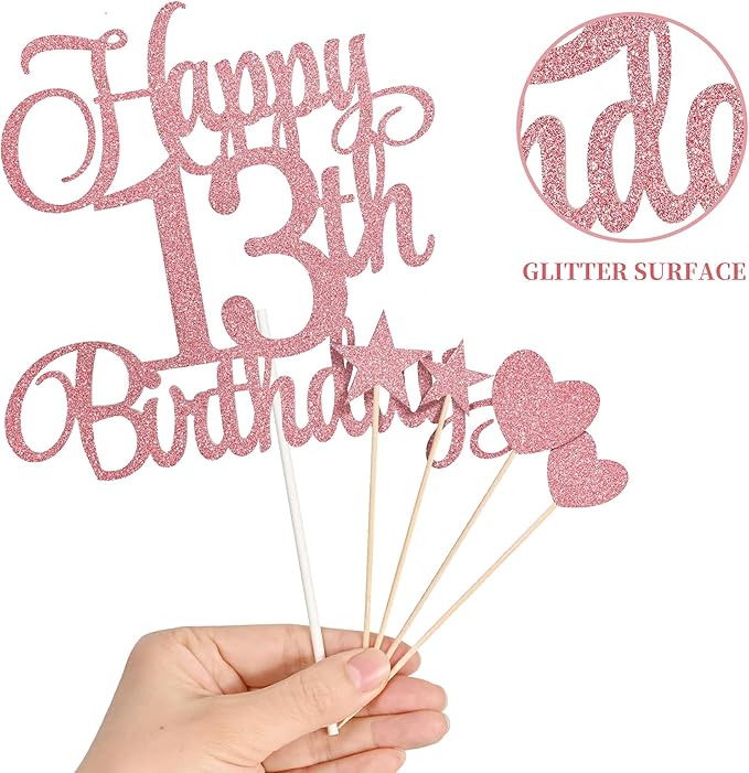 13th Birthday Cake Decorations, 13th Birthday Candles Cake Numeral Candles and Glitter Happy 13th Birthday Cake Toppers Set for Birthday Party Supplies (Rose Gold)