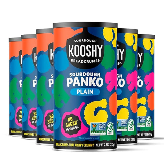 Kooshy Plain Panko Breadcrumbs | Vegan, Dairy Free, & Non GMO Sourdough Bread Crumbs for Meatballs, Meat Cutlets, Vegetables, Meatloaf, & Mac and Cheese (Plain | 7.5 oz / 6 Pack)