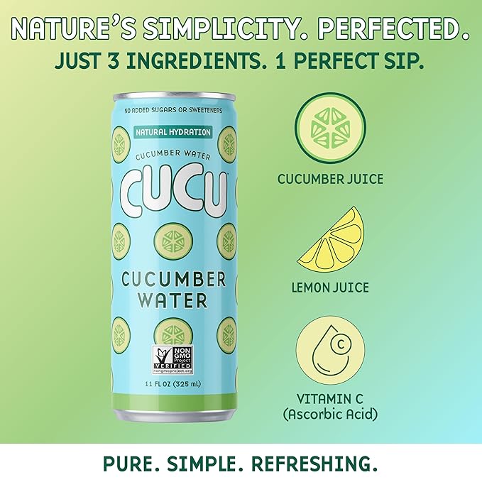 CUCU Cucumber Water ??Natural Hydration from Cucumbers with Vitamin C, Electrolytes & Antioxidants ??No Sugar Added, Non-GMO ??12 Pack, 11 fl oz Cans