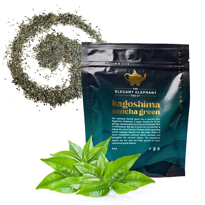 Japanese Sencha Green Tea, Organic Loose Leaf Sencha Tea ??Antioxidant & Detox Support ??Refreshing Hot or Iced Green Tea ??4 oz Resealable Bag (Makes 50 Cups) ??The Elegant Elephant