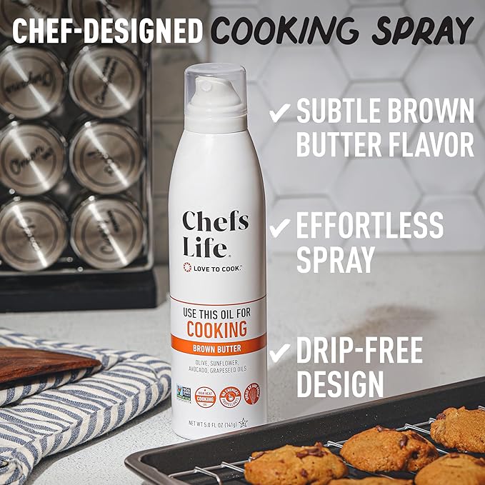 Chefs Life Brown Butter Cooking Spray - Cooking Oil Spray, Non Stick Olive Oil Spray with Avocado Oil and Grapeseed Oil for Cooking, Nonstick Baking Sprayer - 5 Fl Oz Spray Bottle