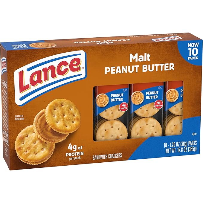 Lance Sandwich Crackers, Malt with Peanut Butter, 10 Individually Wrapped Packs, 6 Sandwiches Each