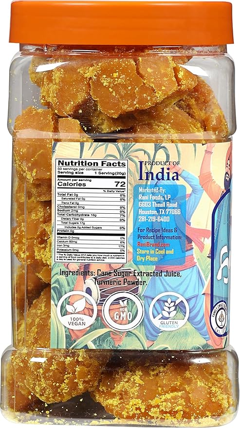 Rani Haldi Gur (Turmeric with Indian Jaggery) Indian Unrefined Raw Cane Sugar 35oz (2.2lbs) 1kg PET Jar ~ Gluten Friendly | Vegan | NON-GMO | Kosher | No Salt or fillers | Indian Product