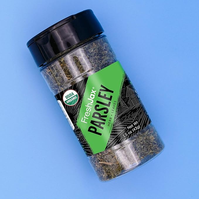 FreshJax Organic Parsley Leaves ??1.5 oz Bottle, Certified Organic & Kosher, Non-GMO, Gluten-Free, Keto, Paleo, No Preservatives ??Dried Parsley Herb for Cooking, Garnish & Seasoning