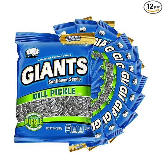 GIANTS Dill Pickle Sunflower Seeds - Sunflower Seeds Bulk, Big Sunflower Seeds to Eat, Roasted Pickle Sunflower Seeds, 8g Protein Per Serving - 5 oz Resealable Bags (Pack of 12)