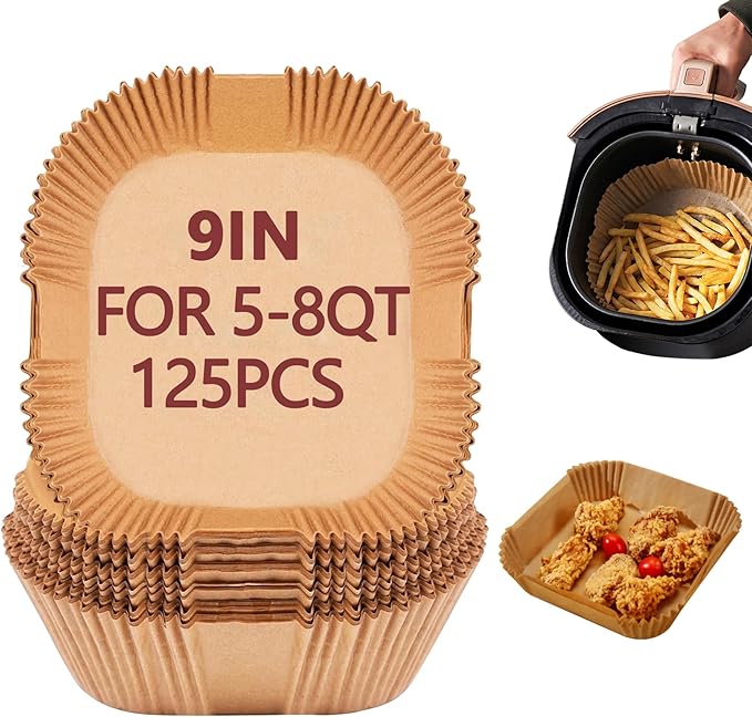 9 Inch Air Fryer Liners Disposable, 125 Pack Parchment Paper Sheets for Air Fryer Basket, Non-Stick, Disposable, Unbleached, Heat Resistant, Fits 5-8 QT Air Fryers, Oil-Free & Healthy Cooking