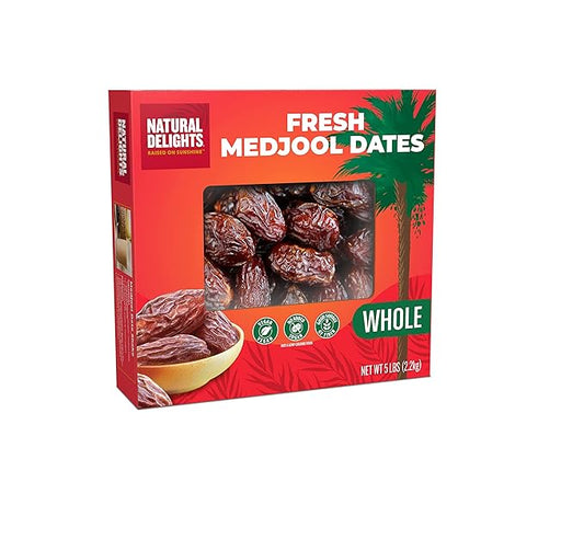 Natural Delights Medjool Dates – Large & Plump Whole Dates Medjool, Non-GMO Verified, Good Source of Fiber, Naturally Sweet Fruit Snack, Perfect for On-the-Go - Medjool Dates Whole, 5 lb Box