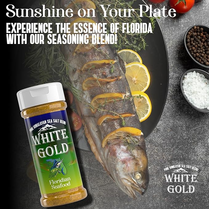 White Gold Floridian Seafood Seasoning - Fish seasoning with Pink Himalayan Sea Salt - Perfect Gourmet Spice blend, Natural Ingredients, Gluten-Free, Vegan, Keto Friendly - Elevates Any Dish for Culinary Excellence
