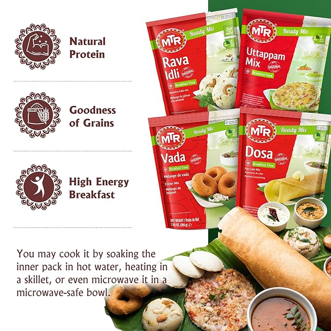 MTR Instant Assorted Mix - Ready to Cook Authentic Indian Breakfast, Lunch, Dinner & Snack Meal - No Added Preservatives - A Quick & Easy Recipe Suitable for Vegetarians - (Breakfast Mixes, Pack of 4)