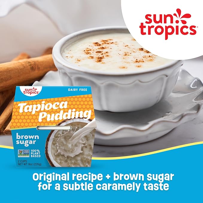 Sun Tropics Tapioca Pudding, Brown Sugar | Vegan Pudding, Dairy Free Pudding | Gluten Free, Low Sugar, Non-GMO | Ready-to-Eat Pudding Cups 4oz (Pack of 12 cups)