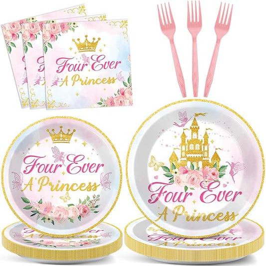 96Pcs Four Ever a Princess Plates and Napkins Girl 4th Birthday Party Decorations Royal Pastel Castle Dessert Disposable Plates Pink & Gold Tableware Set for 24 Guests Floral Fairytale Party Supplies