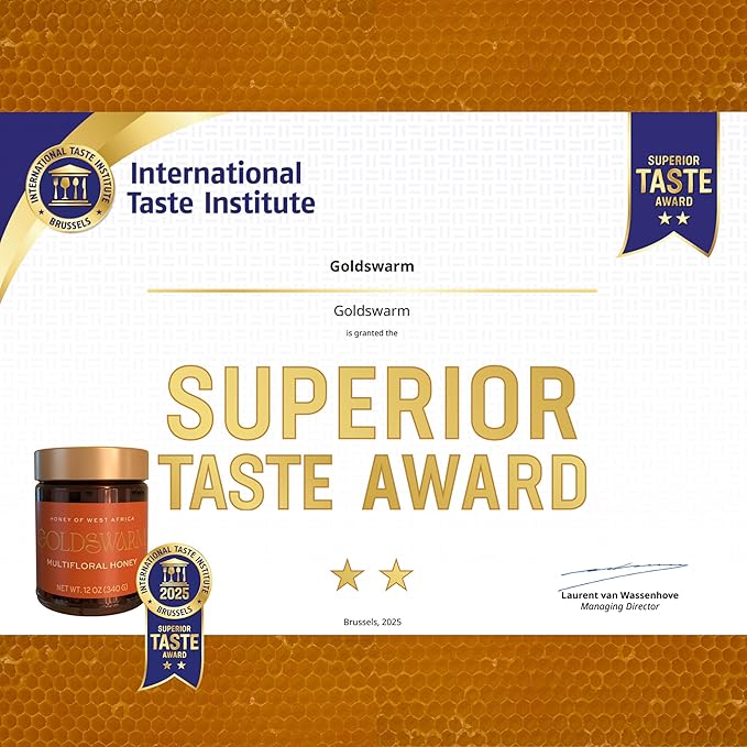 Goldswarm Premium Raw Honey – Pure & 100% Natural Multifloral Honey from West Africa, Award-Winning Taste 2025, Non-GMO, Traceable from Hive to Hand (12 oz Jar)