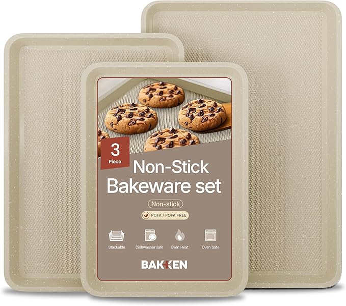 BAKKEN Kitchen Baking Pan - Small, Medium, and Large Cookie Pan (13.58×9.65, 15.75×11, 17.91×12.60), Nonstick, Diamond Texture Bottom, PFOA, PFOS, PTFE Free, Oven Safe (450°F), Pack of 3, White Marble