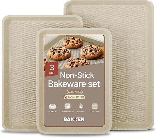 BAKKEN Kitchen Baking Pan - Small, Medium, and Large Cookie Pan (13.58×9.65, 15.75×11, 17.91×12.60), Nonstick, Diamond Texture Bottom, PFOA, PFOS, PTFE Free, Oven Safe (450°F), Pack of 3, White Marble