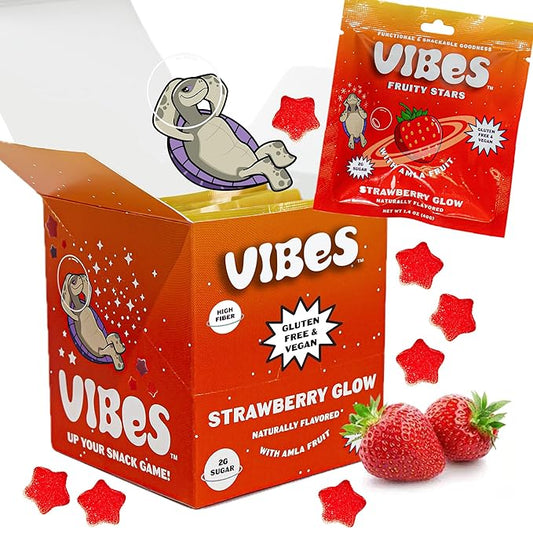 VIBES Strawberry Glow Fruity Stars - Healthy Gluten-Free & Vegan Fruit Chews - Fruit Snacks for Kids, Teens, & Adults - High Fibre - non-gmo - 2g Sugar - 6 Pouches of 18 Fruit Gummies in Each Box