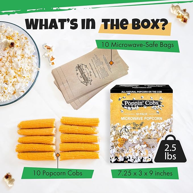 Poppin Cobs Microwave Popcorn on the Cob (10 PK) (Original) Whole Popcorn Kernels, Individually Wrapped Healthy Pop Corn on the Cob with Bags, Gluten Free Fun Snack Perfect for Movie Nights