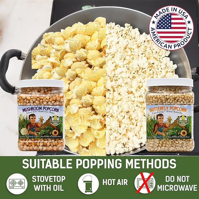 Princeton Popcorn Mushroom & Butterfly Hulless Popcorn Kernels - Half & Half Combo Duo, Easy-Eating, Farm Grown Popping Corn, Non-GMO Popcorn Kernels, No Hulls, Direct from Farmer, Microwave Air Popper or Stovetop 2-Pack 2lb Bag 64oz