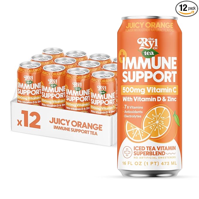 Ryl Immune Support Iced Tea, Juicy Orange, 500mg Vitamin C with Vitamin D & Zinc, Zero Sugar, Zero Calories, 16.0 Fl Oz (12-Pack)