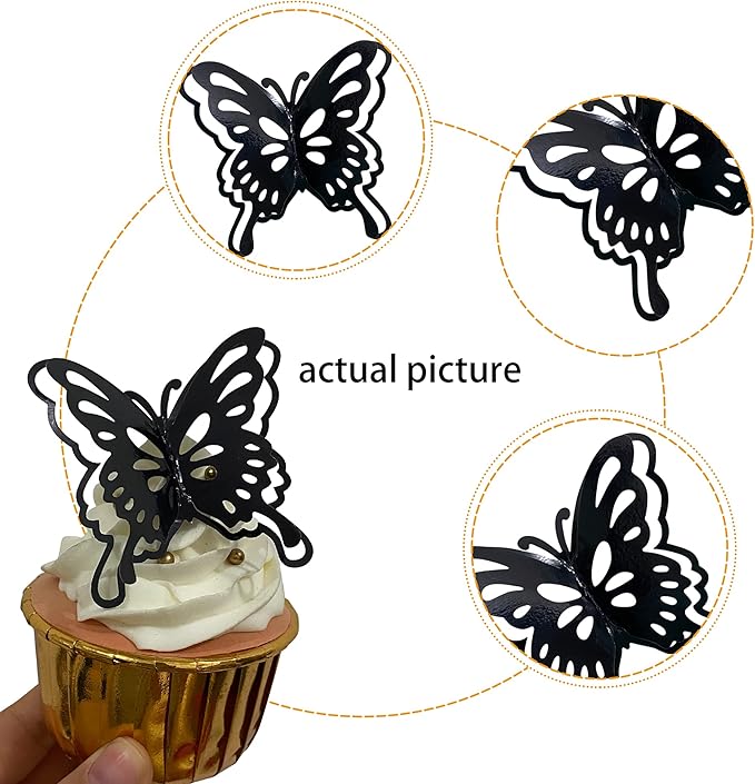 40 PCS Black Lively 3D Butterfly Cupcake Toppers Hollow Art Butterfly Cake Topper Decorations for Baby Shower Wedding Anniversary Kids Birthday Party Supplies Mixed Size