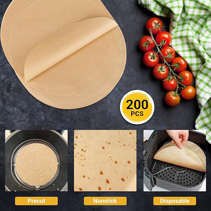 Beasea Air Fryer Parchment Paper 8 Inch, 200pcs Round Unbleached Fryer Disposable Paper Liners Air Fryer Non-perforated Parchment Filter Bamboo Steamer Papers