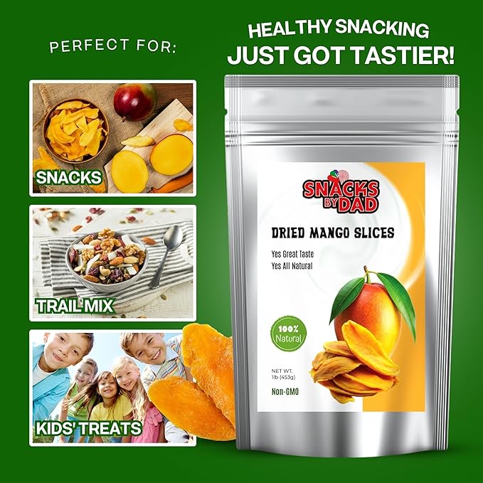 Dried Mangoes Non-GMO Dry Mango | Vegan School Snack Bag | Healthy, Gluten Free Dried Mango | Perfect Office Snack On-the-Go | Mango Dried Slices / 1 lb Resealable Snack Pack