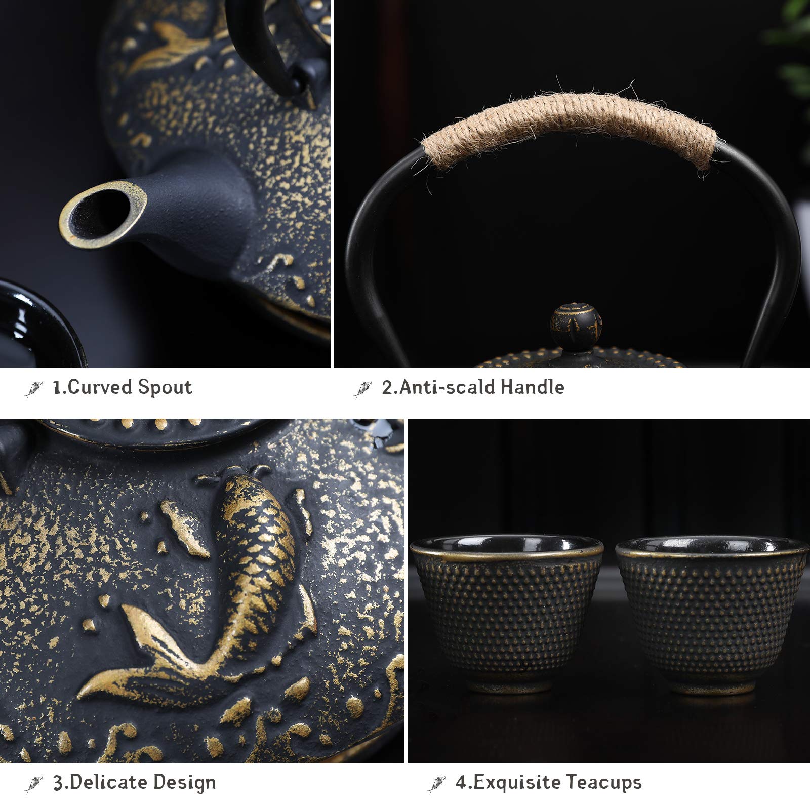 Ufine Koi Fish Cast Iron Teapot Set Stove Top 26 oz Tea Kettle with 4 Cups