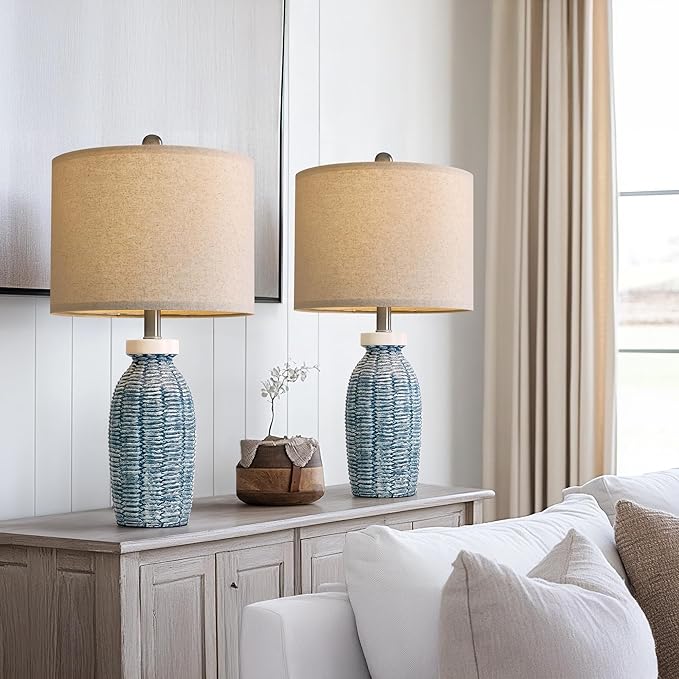 22.75" Table Lamps for Bedroom Living Room Boho Lamp Set of 2 Farmhouse Lamp Bedside Nightstand Small Rustic Vintage Retro Modern Table Lamp Light Home Office Desk Deco Gifts, Blue
