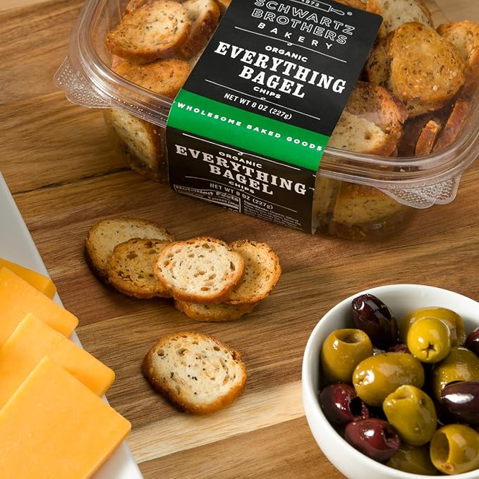 Everything Bagel Chips NY Style Bagel Crisps. Organic, Vegan, Kosher. From the artisans of Schwartz Brothers Bakery. Baked Fresh. Twice Baked. 8 ounce container. Great Snack. Delicious. Pack of 2.