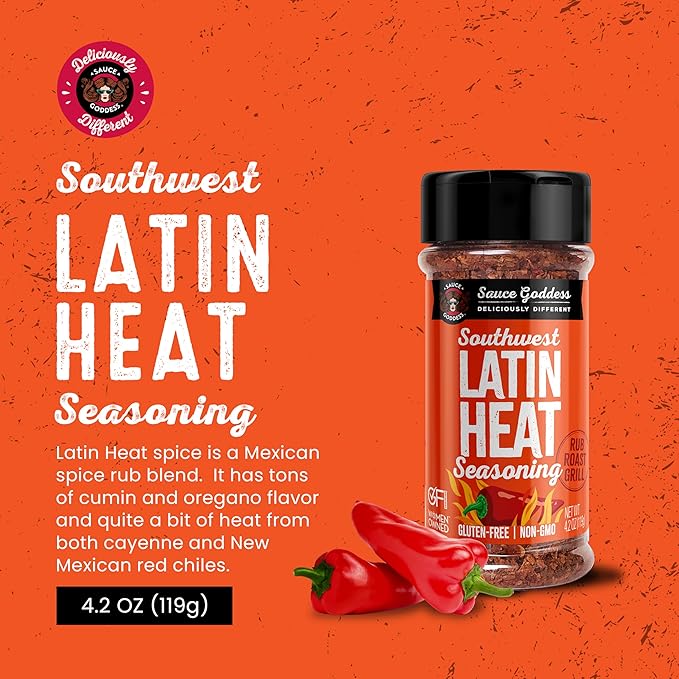 Sauce Goddess - Southwest Latin Heat Shaker - Mexican Rub, Taco seasoning with Cumin, Oregano, Cayenne & Red Chiles, No Sugar, Low Sodium, Gluten-Free - 4.2 oz