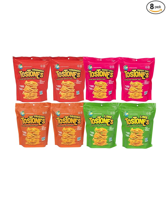 TOSTONES, 2 of Each Flavor, 4 Total Flavors, Original, Lime, Habanero, Sweet Chili, Green Plantains, Crunchy chips, Plantains, Palm Oil and Salt, 3.53 Oz per Unit, 8 Pack,