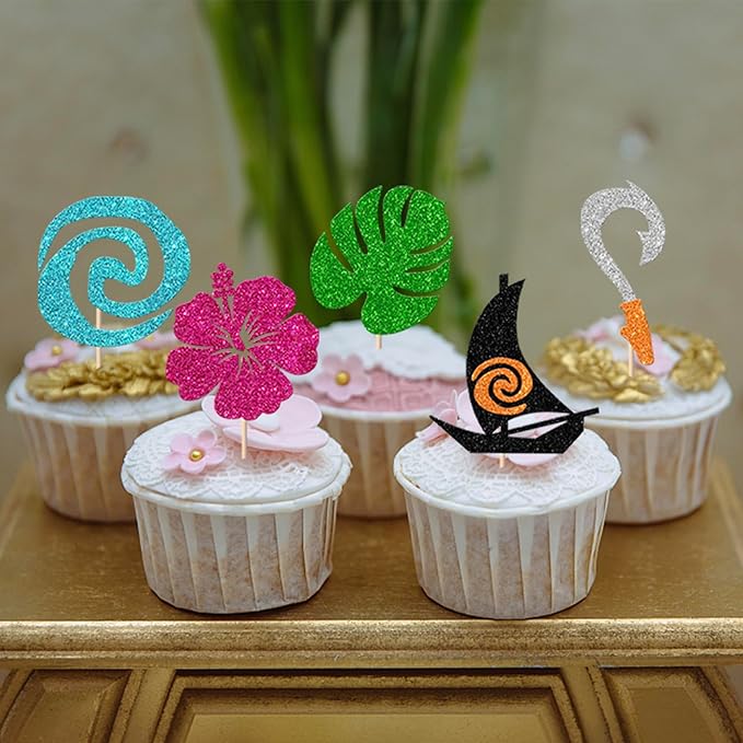 Rsstarxi 30 Pack Moana Inspired Cupcake Toppers Glitter Palm Leaf Flower Cupcake Picks Tropical Hawaiian Luau Theme Cake Decorations for Baby Shower Birthday Party Cake Supplies