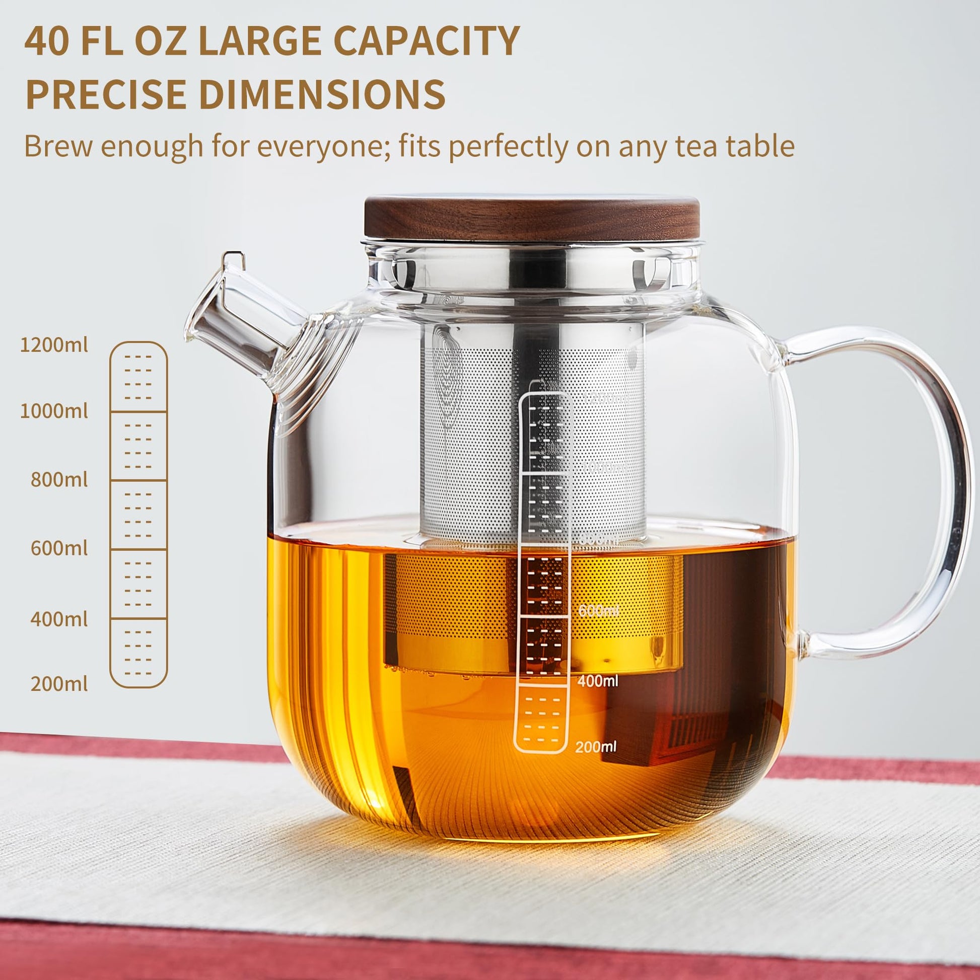Glass Teapot with Infuser and Lid - 40oz Borosilicate Glass Teapot with Heat-Resistant Handle