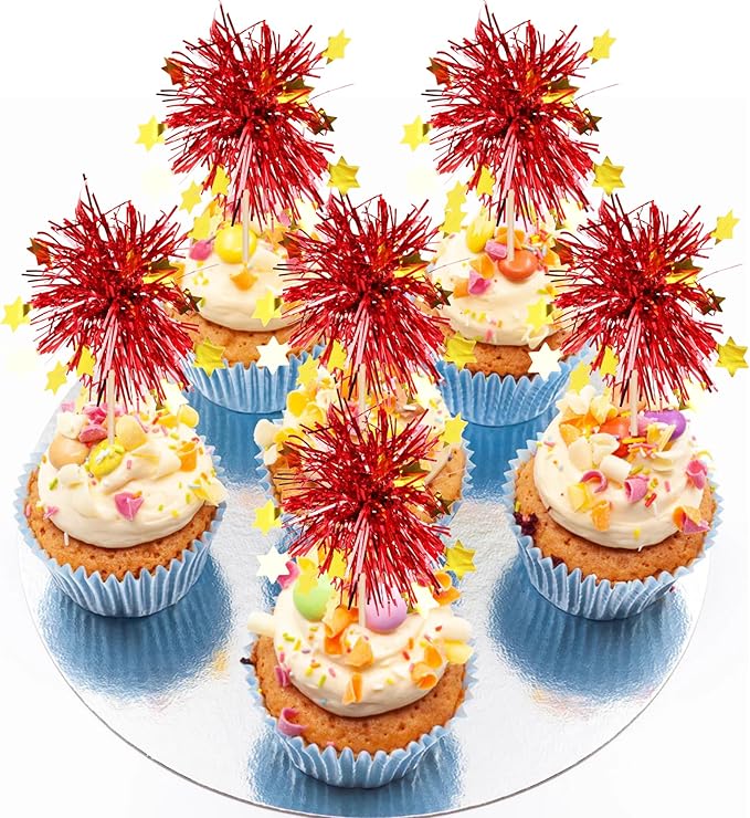 Rsstarxi 30 Pack Foil Firework Cupcake Toppers Happy Valentine's Day Cupcake Toppers Tinsel Flower Drink Stirrers Cocktail Food Fruit Toothpicks for New Years Birthday Party Cake Decorations Red